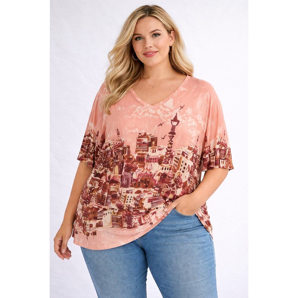 Catherines Womens Pink City‎ Graphic Mesh Tunic Top Size 1XP Artsy 3/4 Sleeve